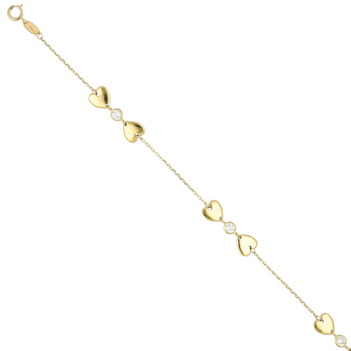 PULSERA EN ORO AMARILLODE 18 QUILATES DOBLE CORAZÓN CHATÓN CIRCONITA CENTRO
